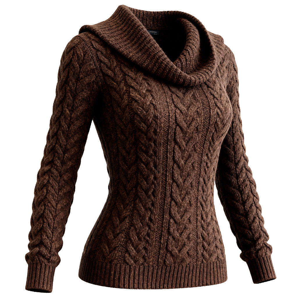 Brown Cable-Knit Turtleneck Sweater