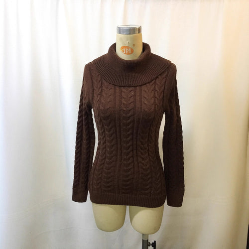 Brown Cable-Knit Turtleneck Sweater